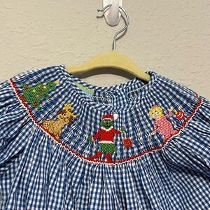 Blue Gingham Smocked Dress with Holiday Grinch Embroidery